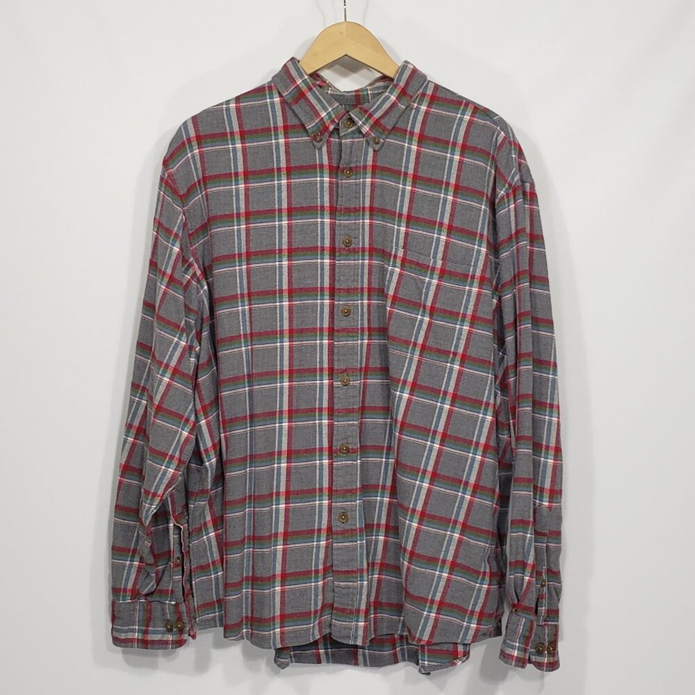 Lands End  Grey Red Plaid Flannel  Men's Button Down Shirt  Size XXL 18-18.5